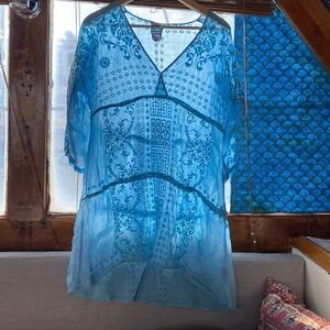 Johnny Was blue mini dress with eyelet fabric and embroidery. Sz S